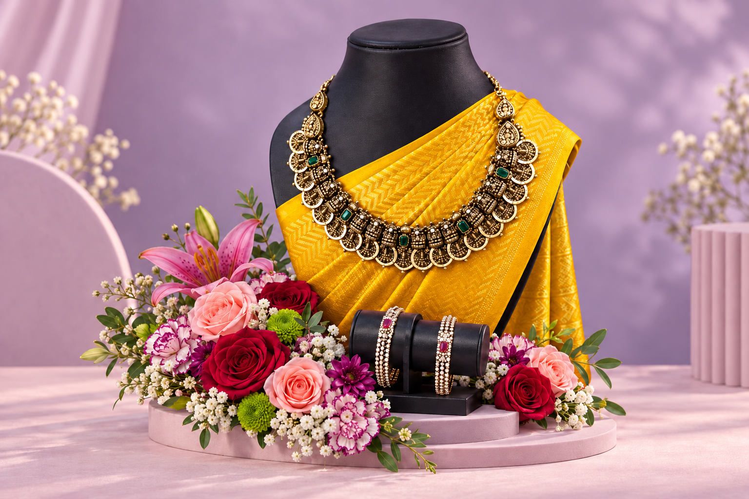 Gold necklace set and bangles displayed on a mannequin with a yellow saree and fresh flowers