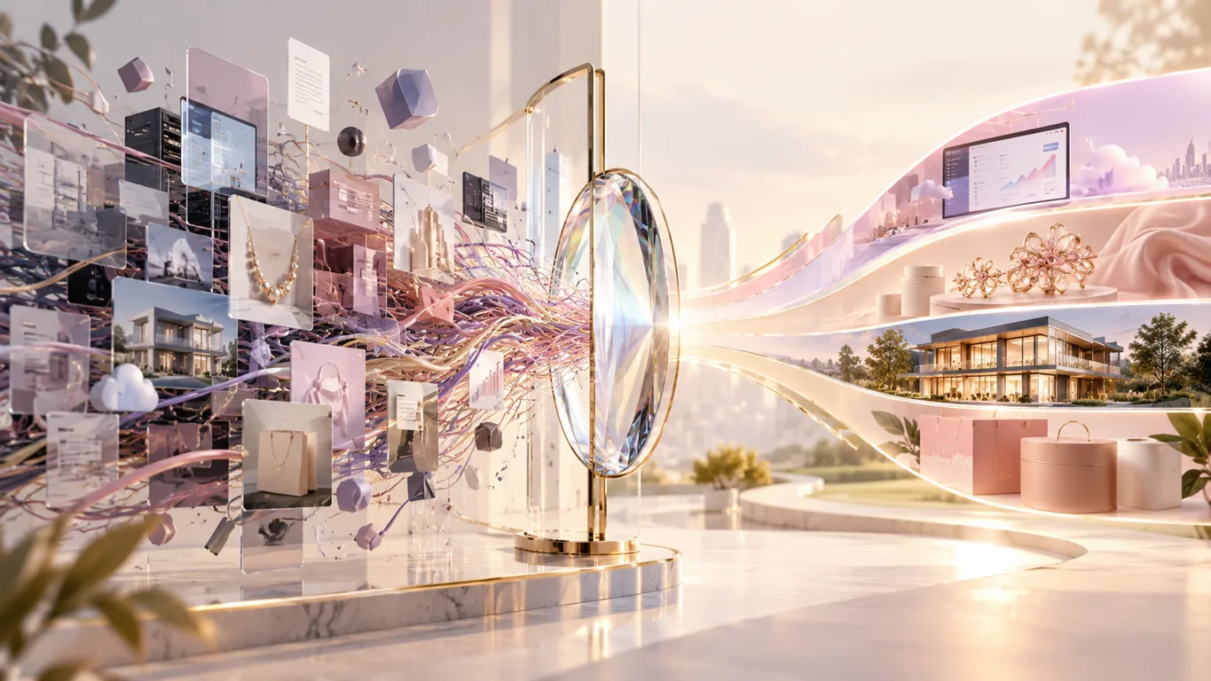 Scattered marketing messages pass through a central prism into clear customer journeys for software, jewellery, property and packaging.