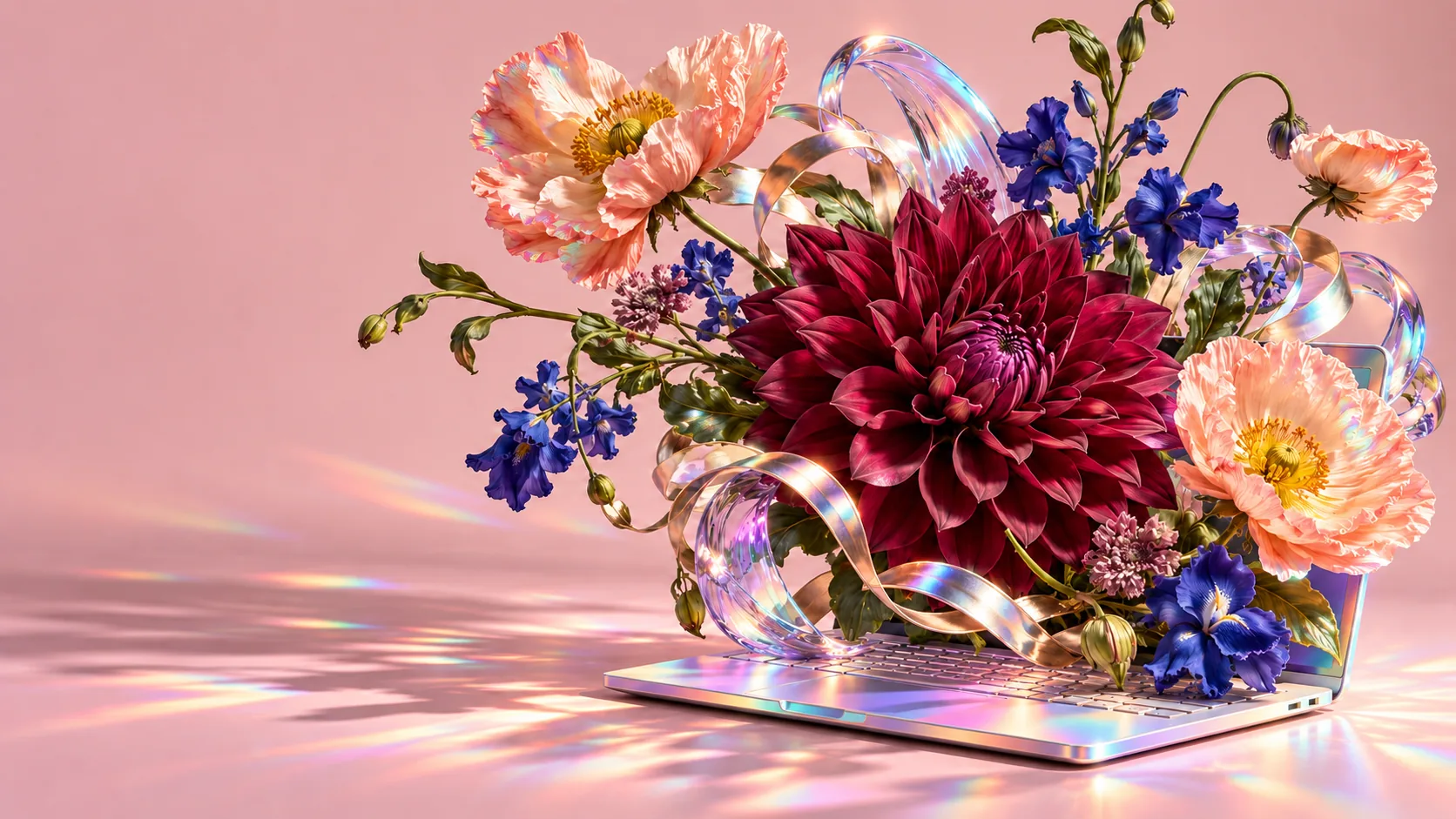 Laptop surrounded by vivid dahlias, poppies and irises with holographic ribbons on a soft pink background