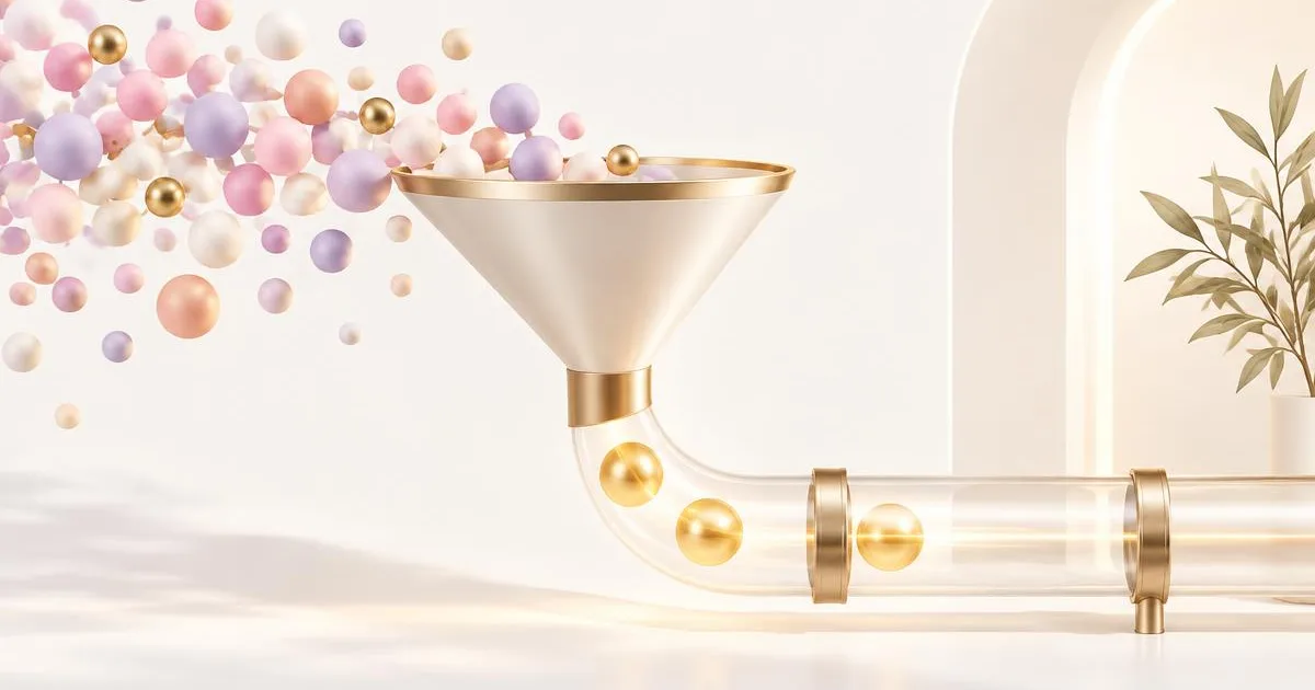 Pastel enquiries narrowing through a gold funnel into a pipeline of qualified leads — a revenue-first lead generation framework