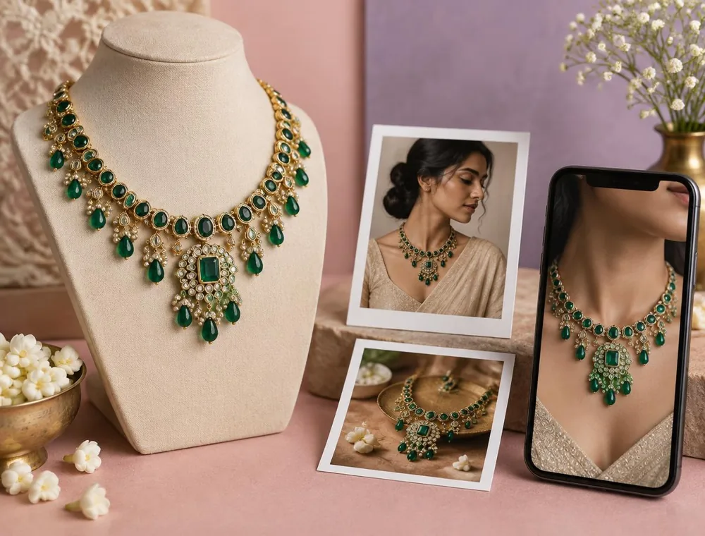 Necklace displayed beside styling photographs and a smartphone preview